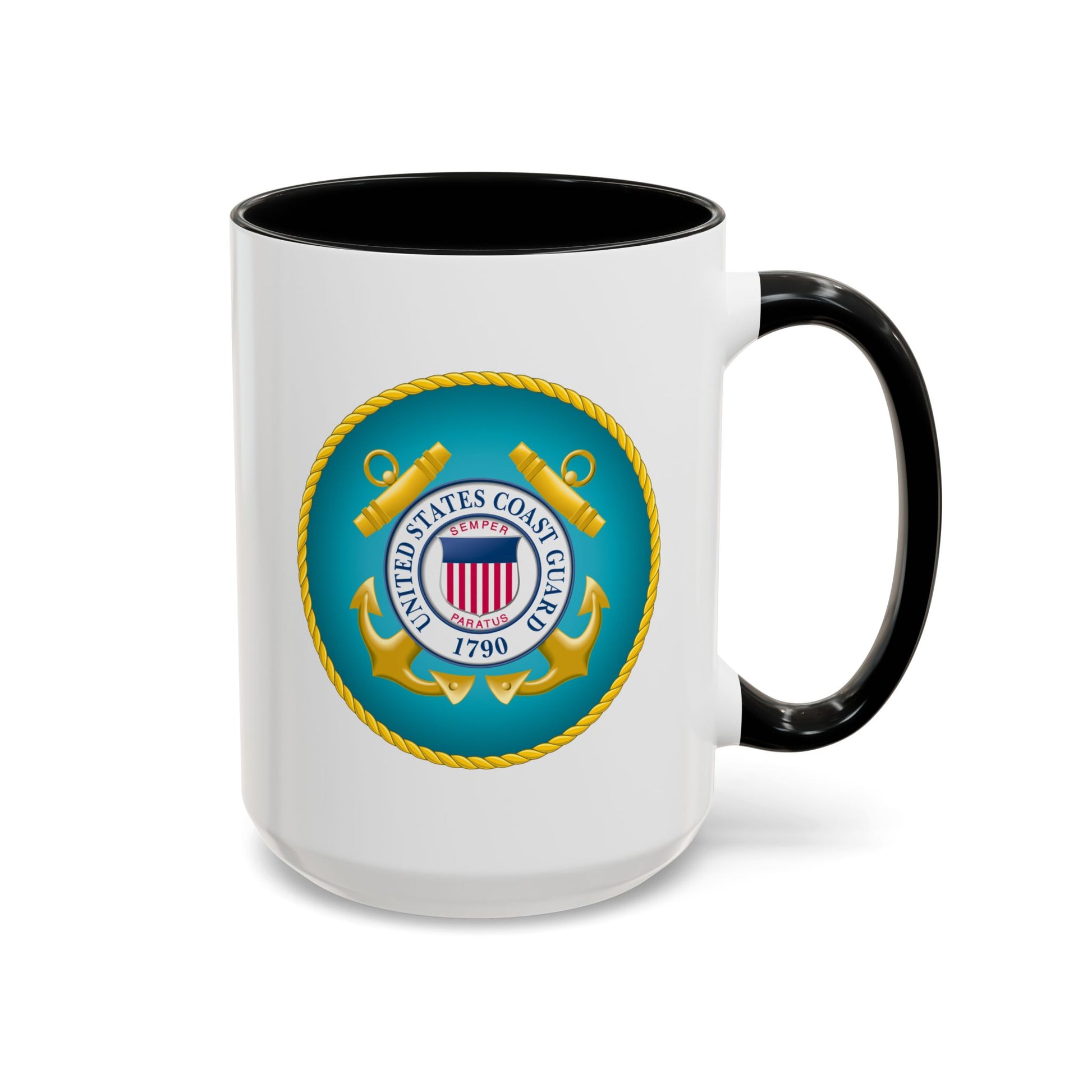 United States Coast Guard Seal Coffee Mug - Double Sided Print, Black Accent White Ceramic, 15oz by TheGlassyLass.com