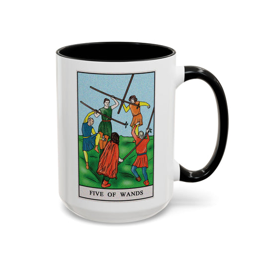 Five of Wands Tarot Card Coffee Mug - Double Sided Black Accent White Ceramic 15oz by TheGlassyLass.com