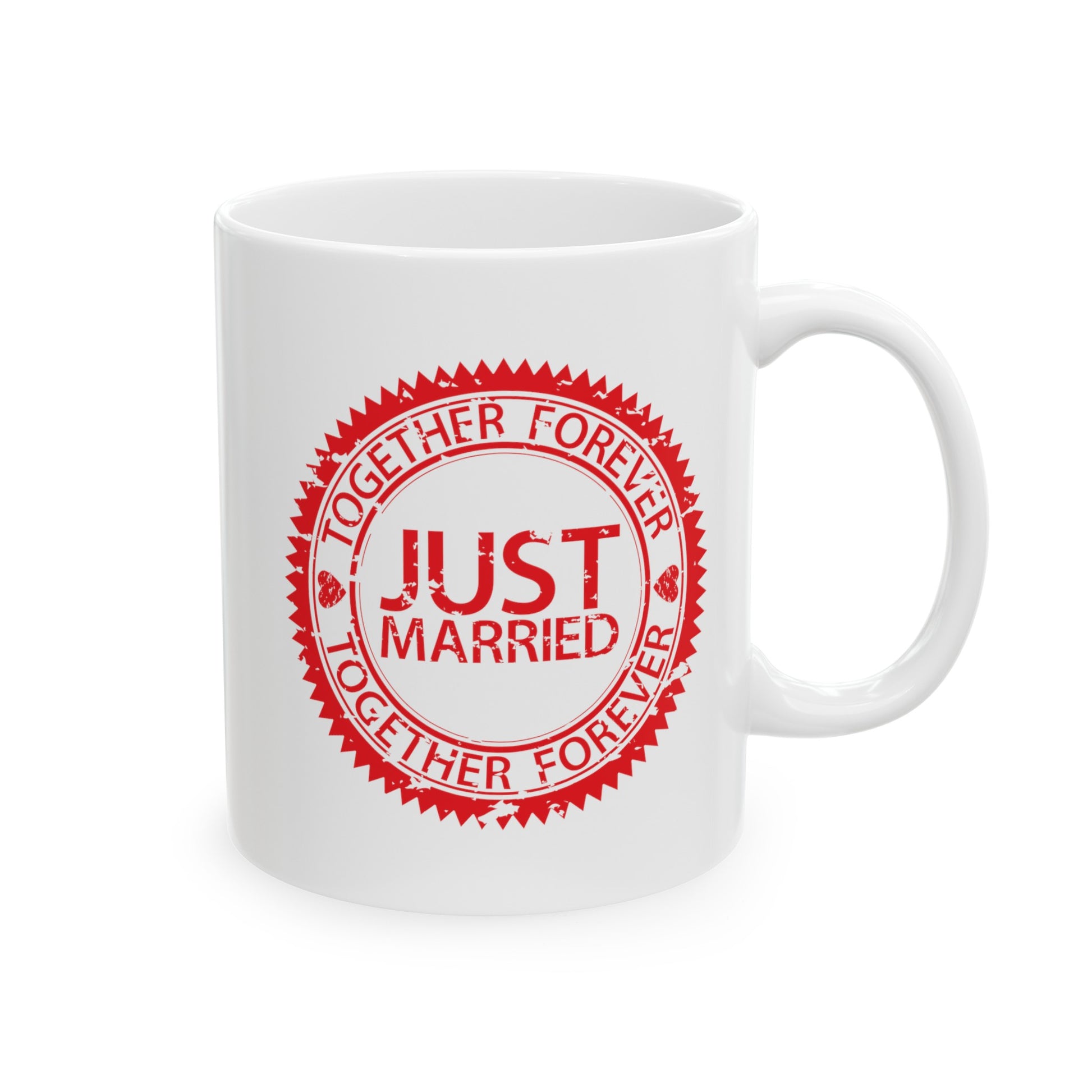 Just Married Coffee Mug - Double Sided White Ceramic 11oz by TheGlassyLass.com