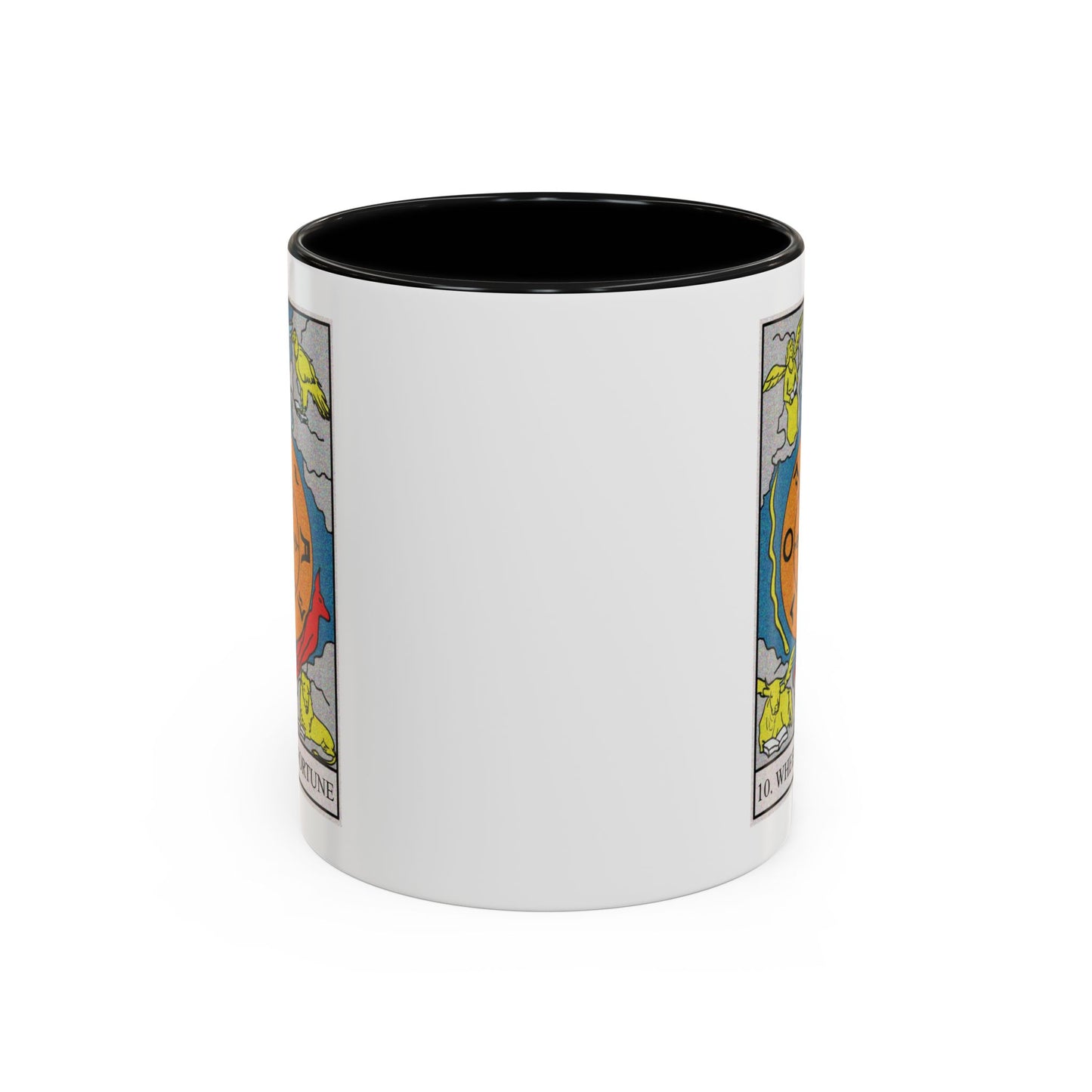 The Wheel of Fortune Tarot Card Coffee Mug - Double Sided Print, Black Accent White Ceramic, 11oz by TheGlassyLass.com