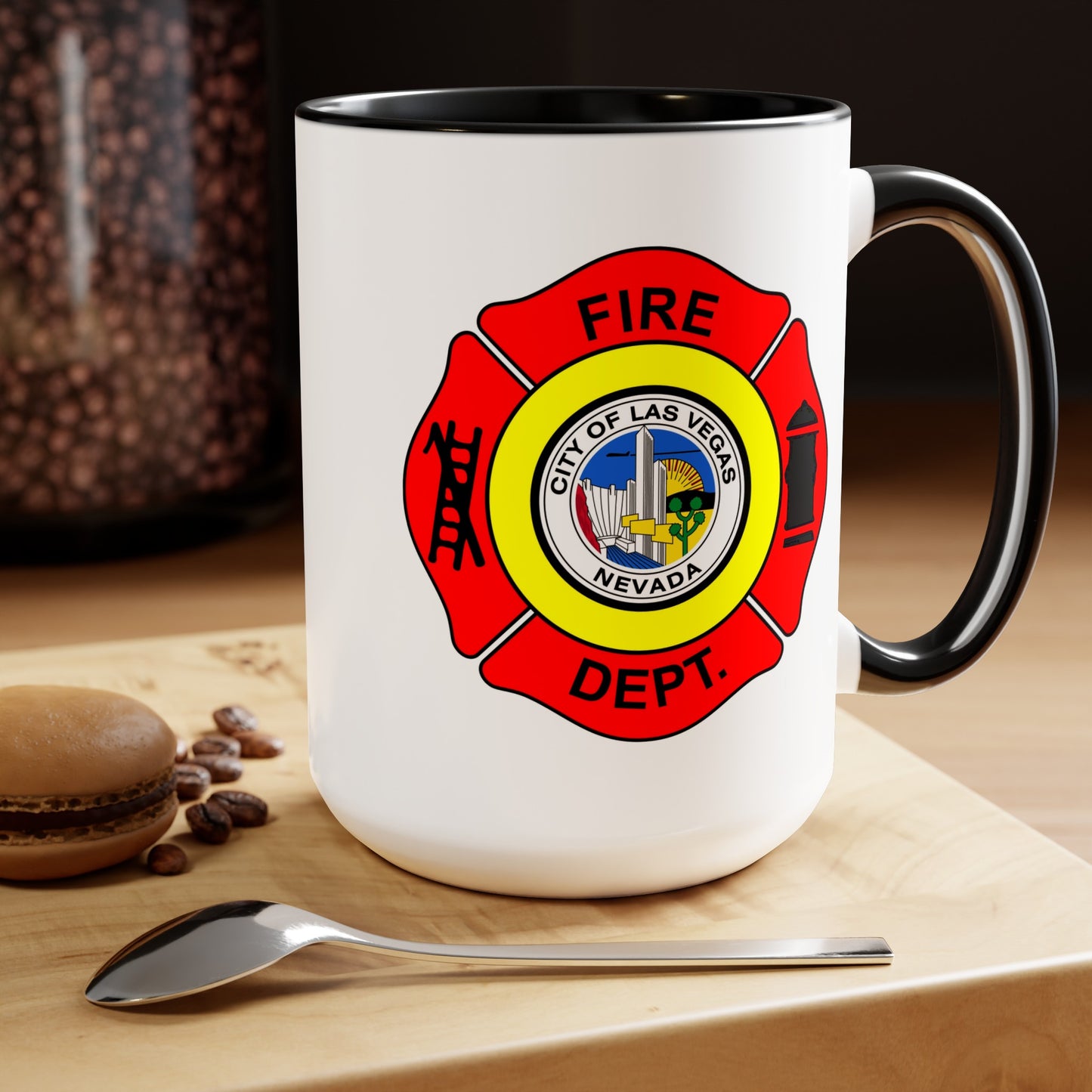 Las Vegas Fire Department Coffee Mug - Double Sided Black Accent Two Tone White Ceramic 15oz by TheGlassyLass.com