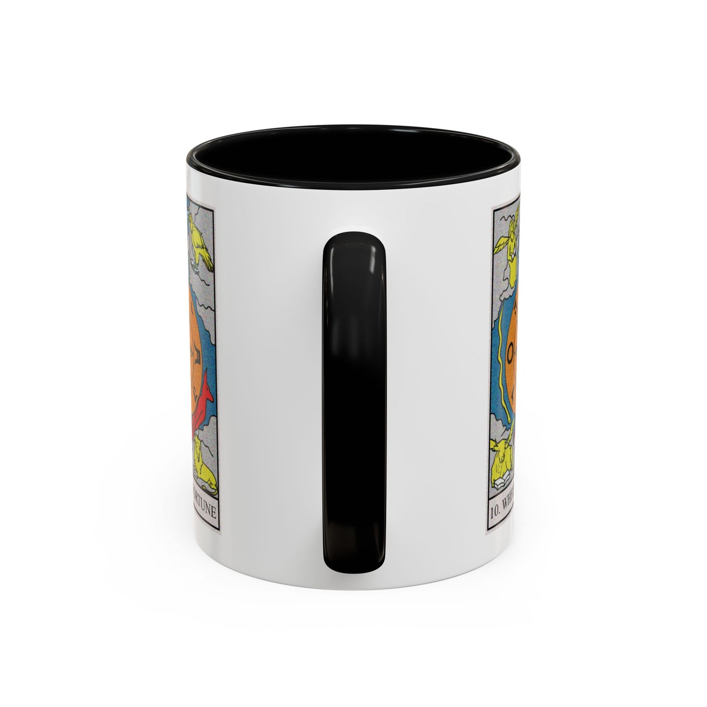 The Wheel of Fortune Tarot Card Coffee Mug - Double Sided Print, Black Accent White Ceramic, 11oz by TheGlassyLass.com