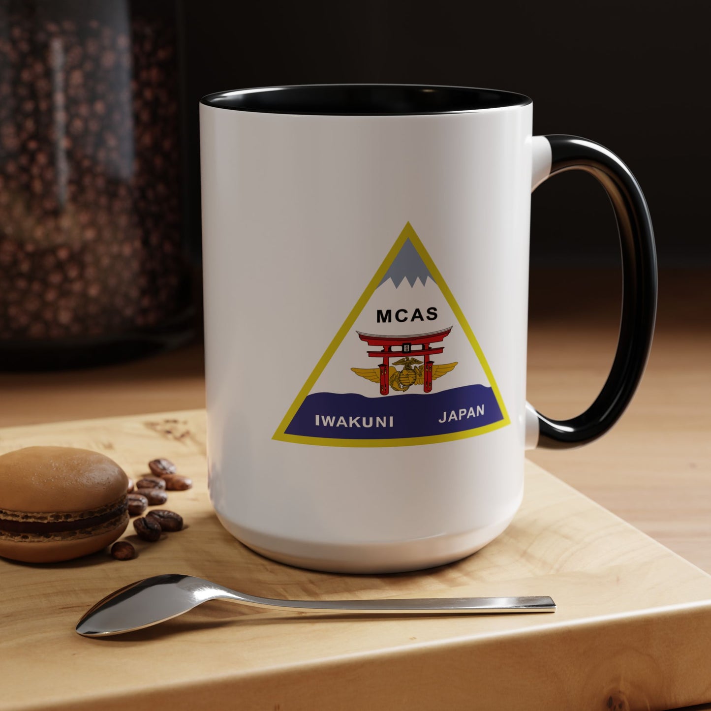 Marine Corps Air Station Iwakuni Japan Coffee Mug - Double Sided Black Accent White Ceramic 15oz by TheGlassyLass.com