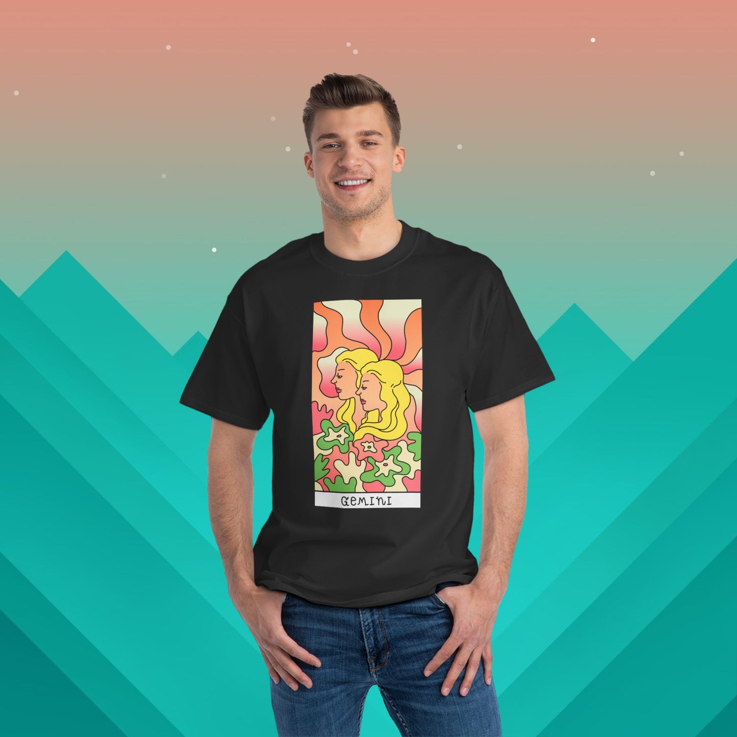 Gemini Zodiac Tarot T-Shirt: (Hanes Beefy-T 100% Preshrunk Cotton Custom Printed by TheGlassyLass.com