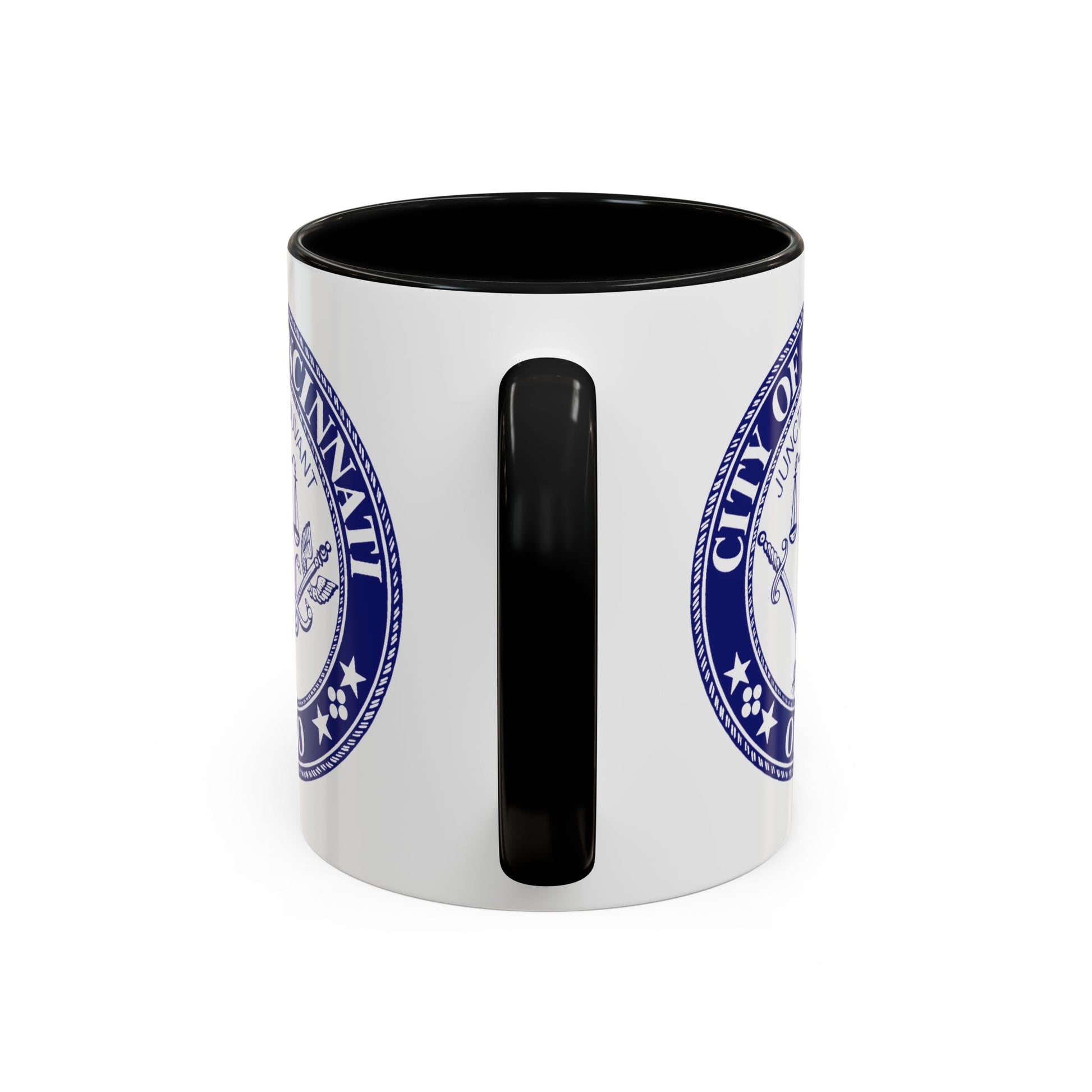 City of Cincinnati Seal Coffee Mug - Double Sided Print, Black Accent White Ceramic, 11oz by TheGlassyLass.com