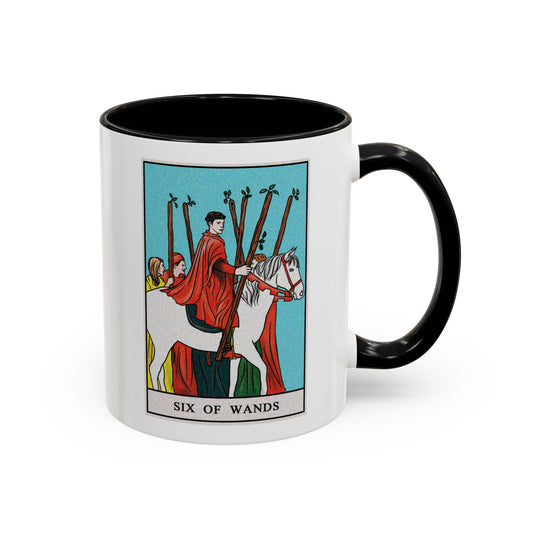 Six of Wands Tarot Card Coffee Mug - Double Sided Print, Black Accent White Ceramic, 11oz by TheGlassyLass.com