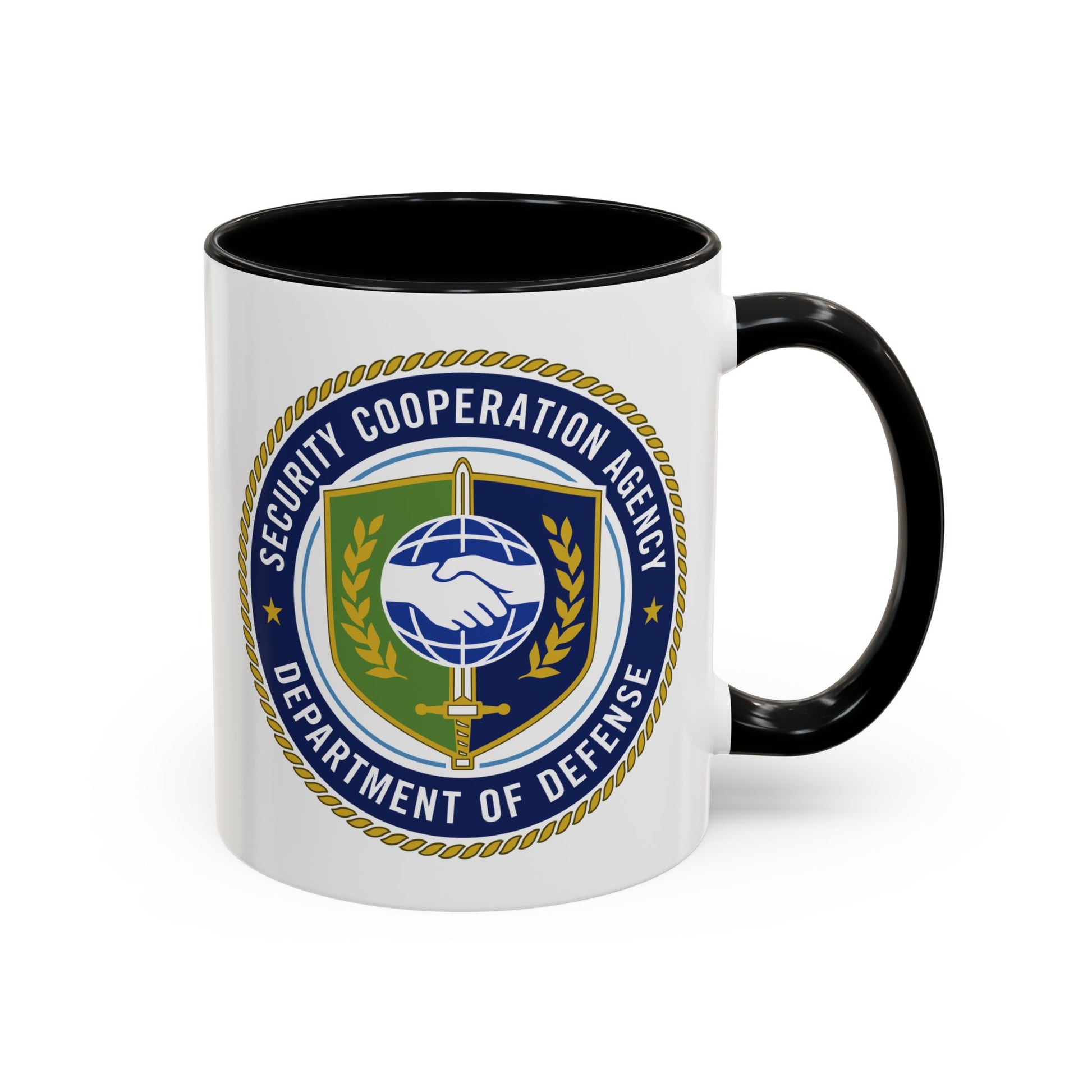 Defense Security Cooperation Agency Coffee Mug - Double Sided Print, Black Accent White Ceramic, 11oz by TheGlassyLass.com