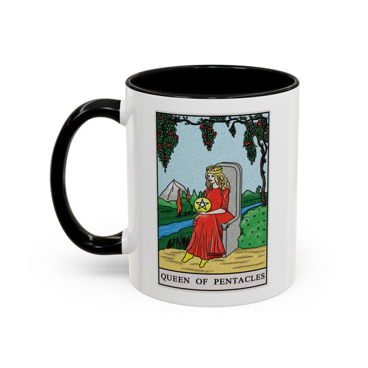 Queen of Pentacles Tarot Card Coffee Mug - Double Sided Print, Black Accent White Ceramic, 11oz by TheGlassyLass.com