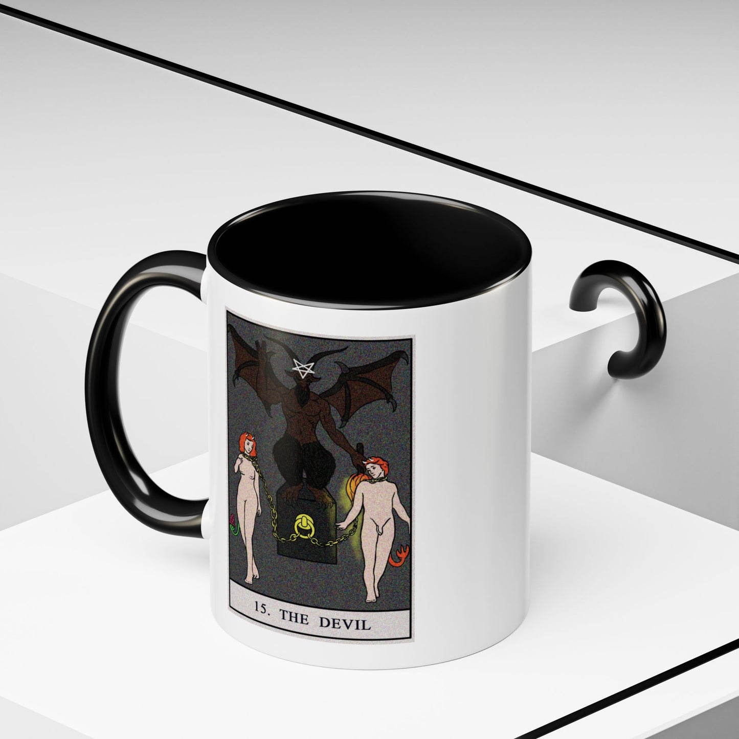 The Devil Tarot Card Coffee Mug - Double Sided Print, Black Accent White Ceramic, 11oz by TheGlassyLass.com