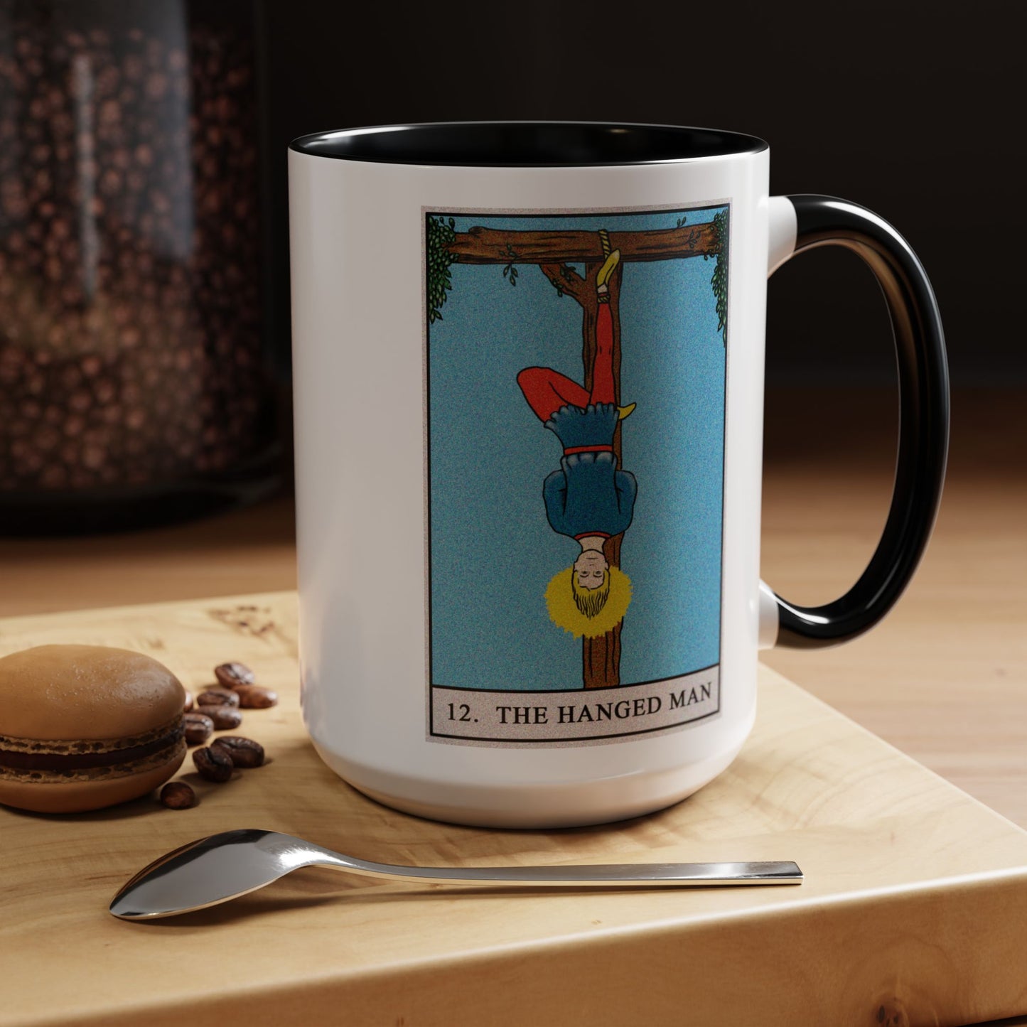 The Hanged Man Tarot Card Coffee Mug - Double Sided Black Accent White Ceramic 15oz by TheGlassyLass.com
