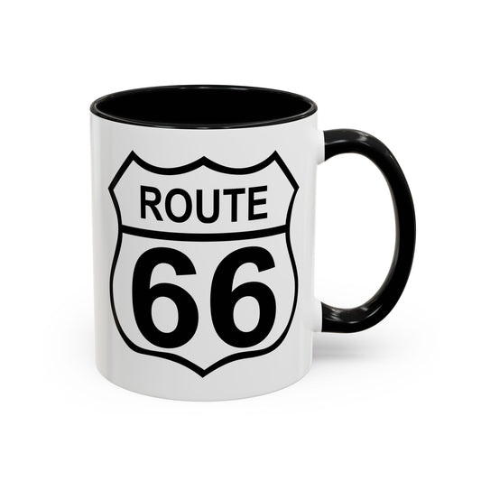 Route 66 Highway Sign Coffee Mug - Double Sided Print, Black Accent White Ceramic, 11oz by TheGlassyLass.com