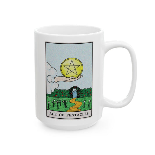 Ace of Pentacles Tarot Card Coffee Mug - Double Sided White Ceramic 15oz by TheGlassyLass.com
