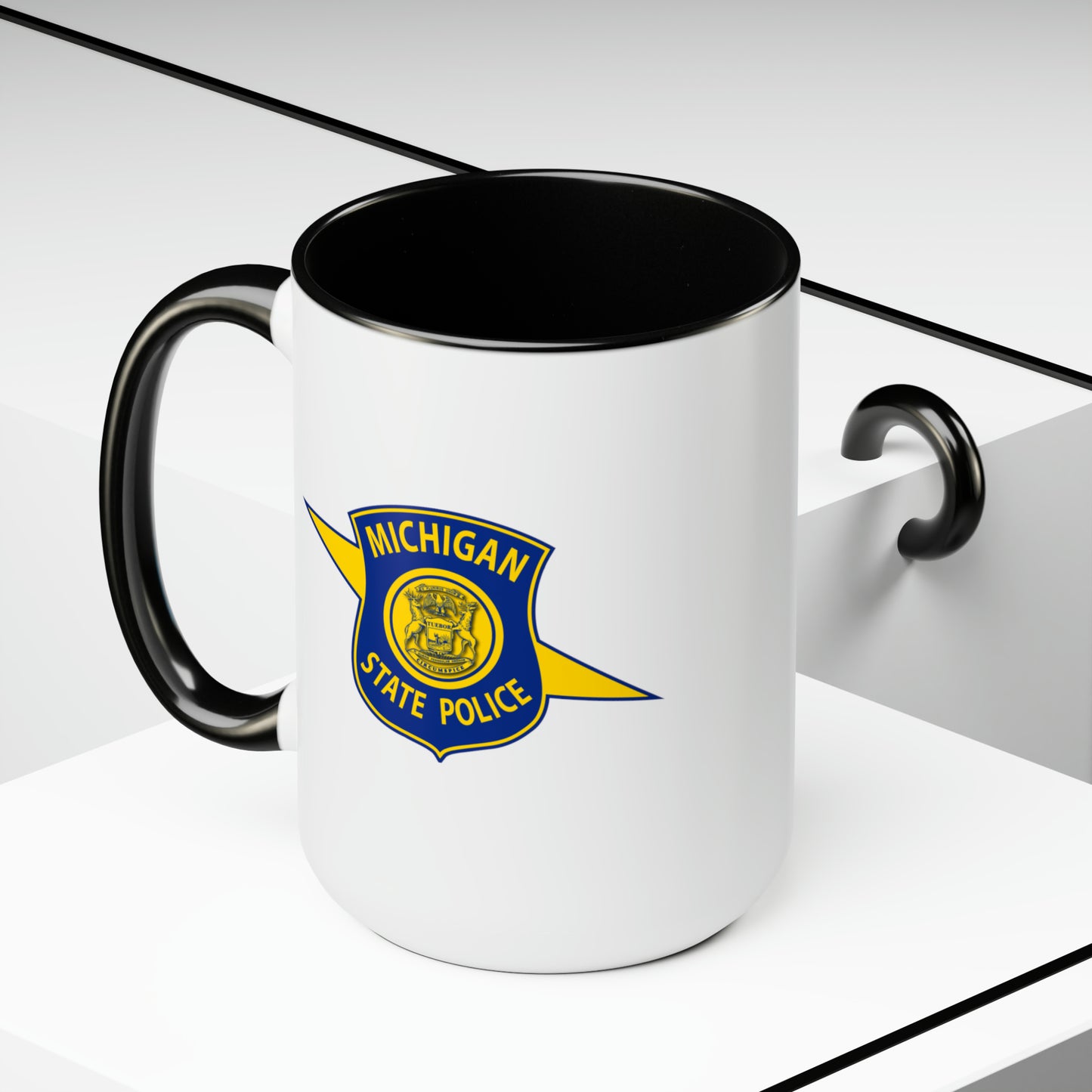 Michigan State Police Coffee Mug - Double Sided Black Accent White Ceramic 15oz by TheGlassyLass