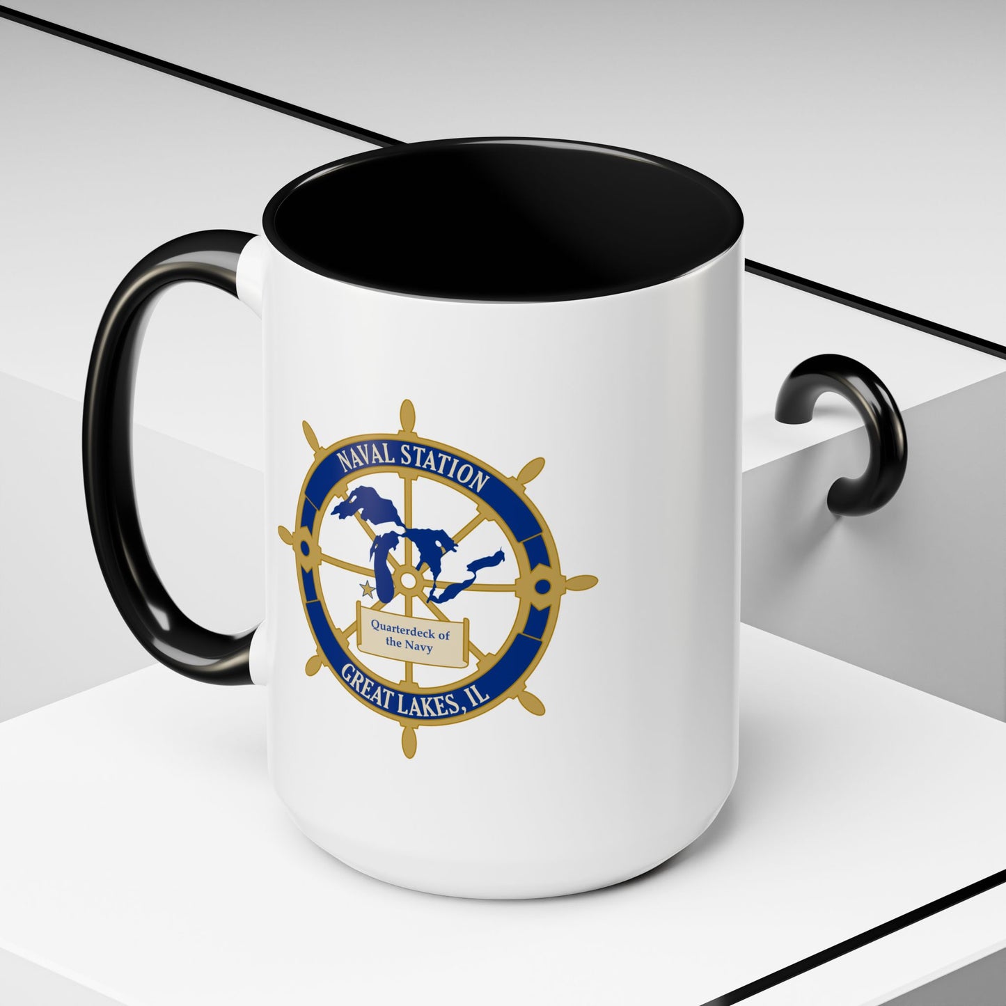 Naval Station Great Lakes Coffee Mug - Double Sided Black Accent White Ceramic 15oz by TheGlassyLass.com