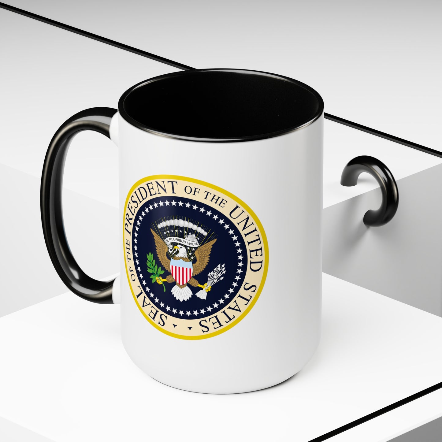 Presidential Seal Coffee Mug - Double Sided Black Accent White Ceramic 15oz by TheGlassyLass
