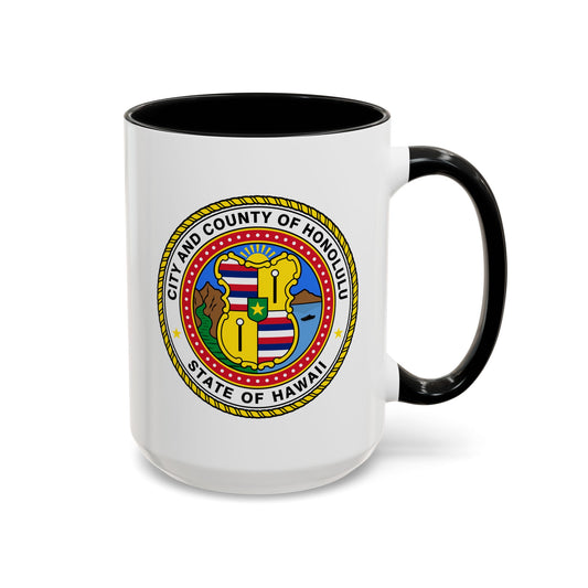 Honolulu City / County Seal Coffee Mug - Double Sided Print, Black Accent White Ceramic, 15oz by TheGlassyLass.com