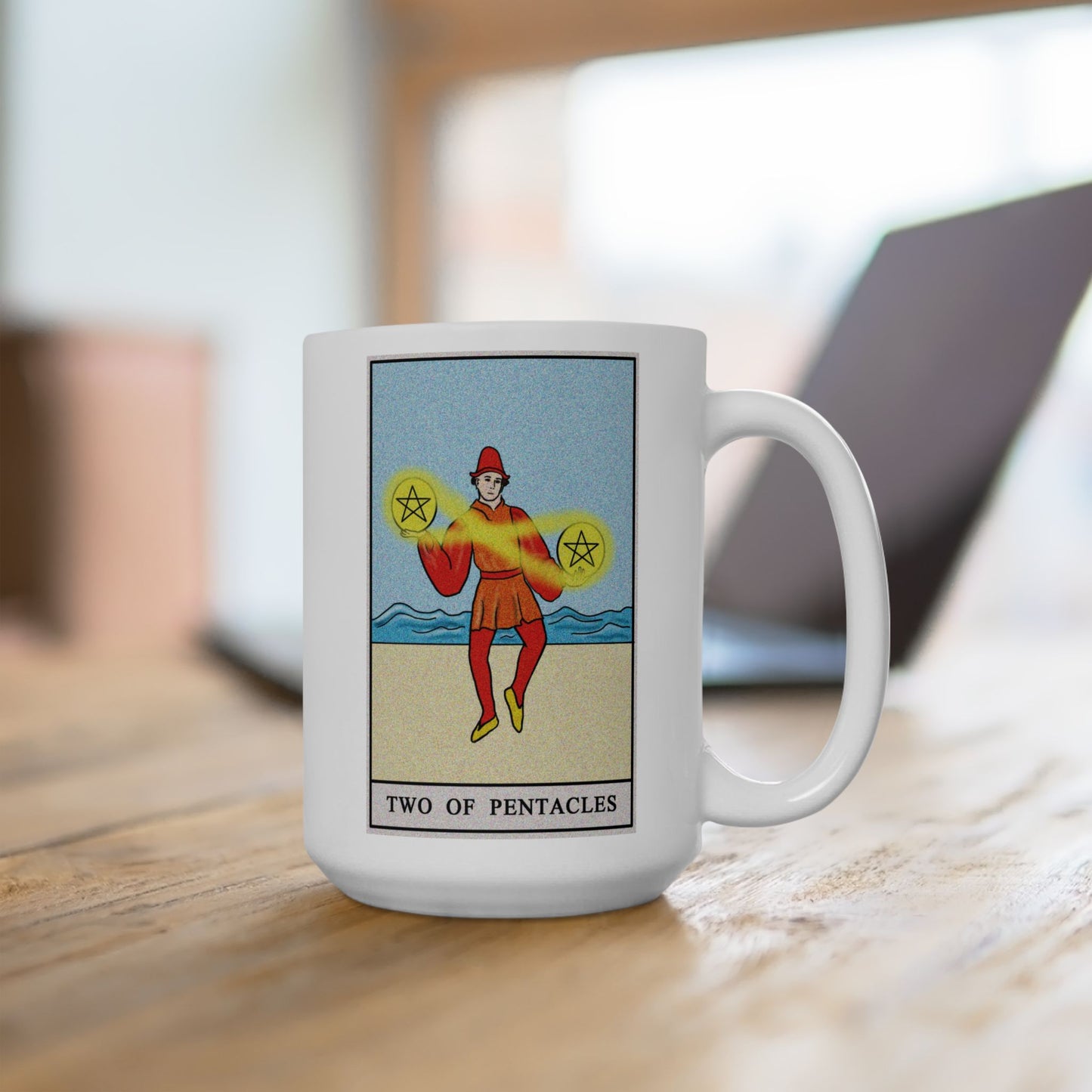 Two of Pentacles Tarot Card Coffee Mug - Double Sided White Ceramic 15oz by TheGlassyLass.com
