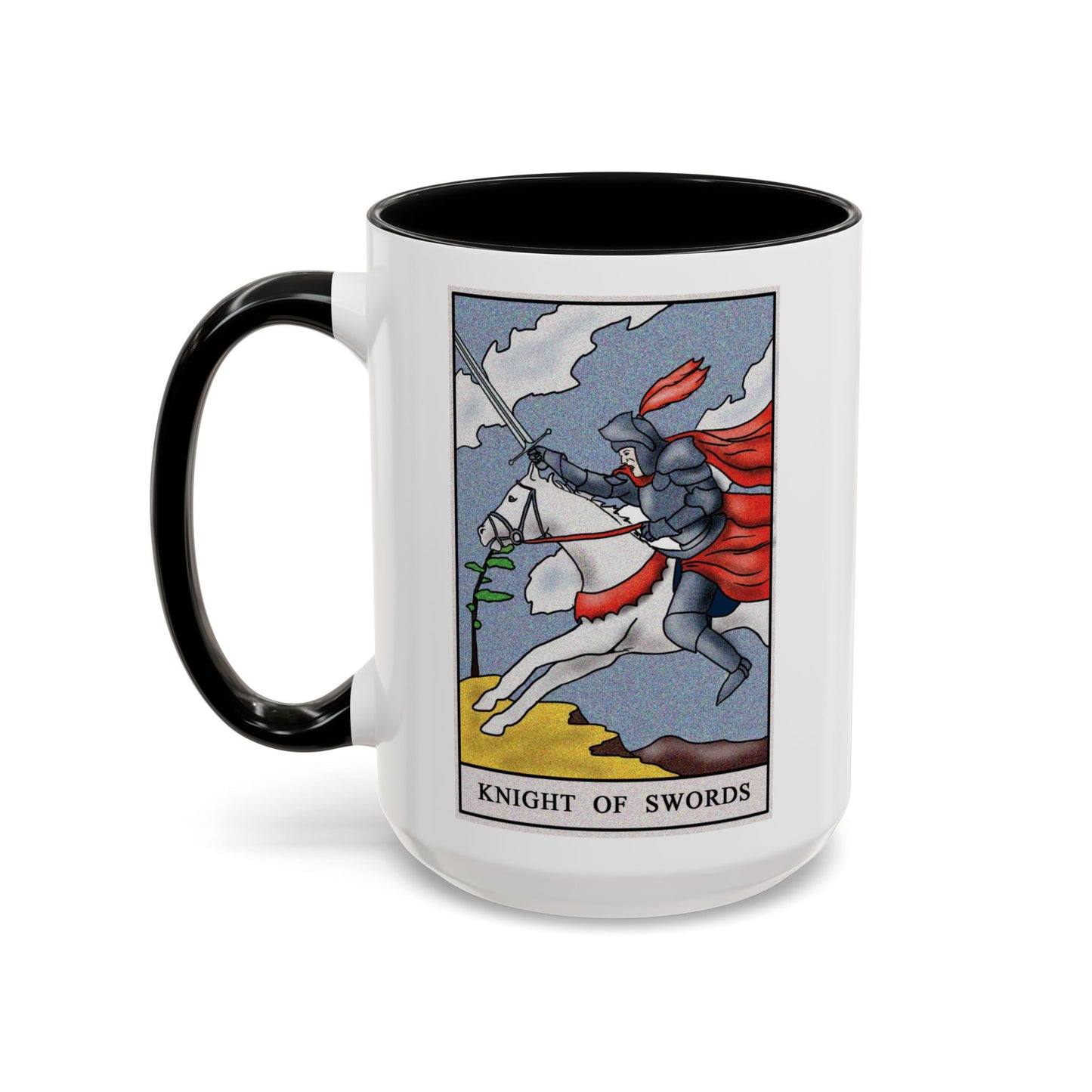 Knight of Swords Tarot Card Coffee Mug - Double Sided Black Accent White Ceramic 15oz by TheGlassyLass.com