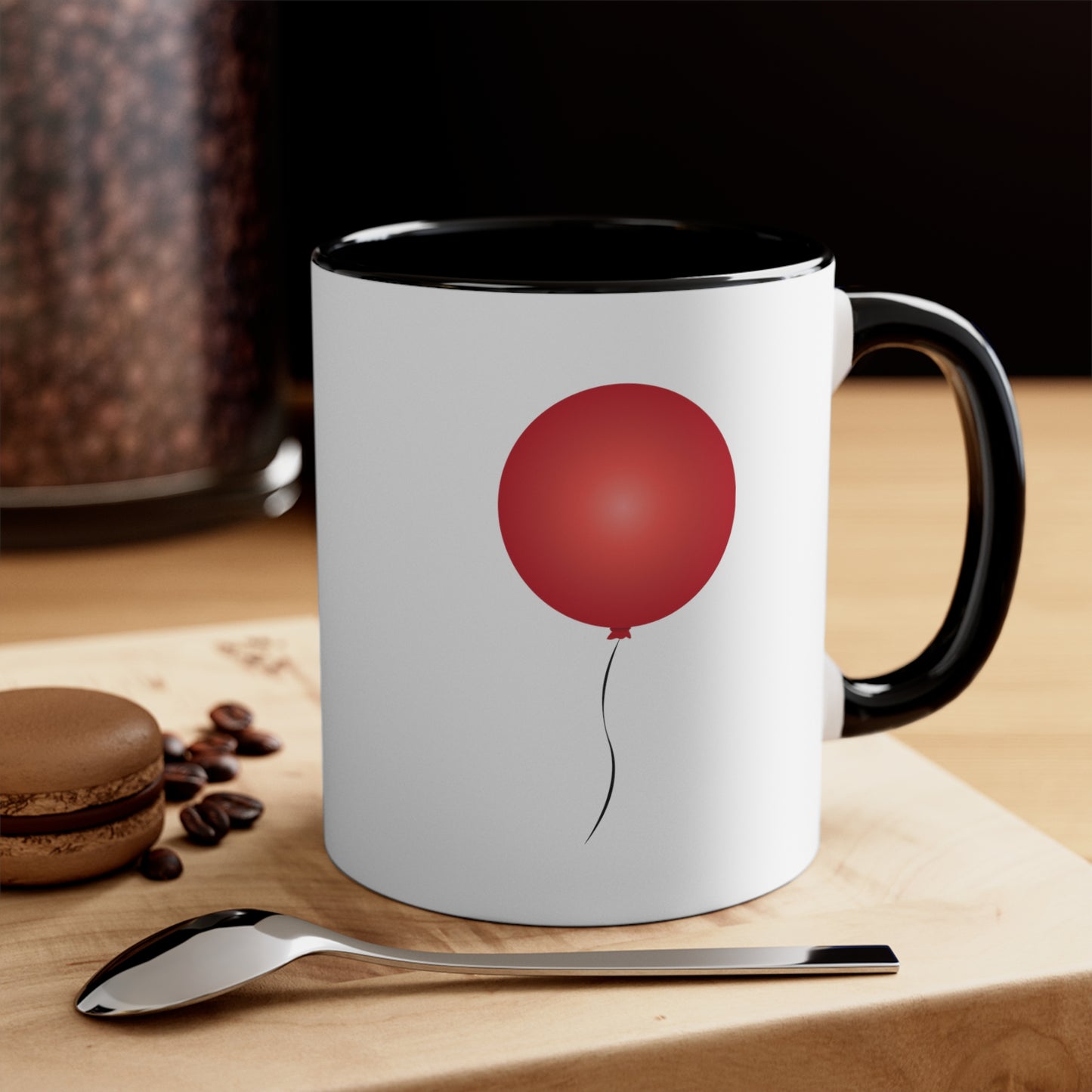 Red Balloon Coffee Mug - Double Sided Black Accent White Ceramic 11oz by TheGlassyLass.com