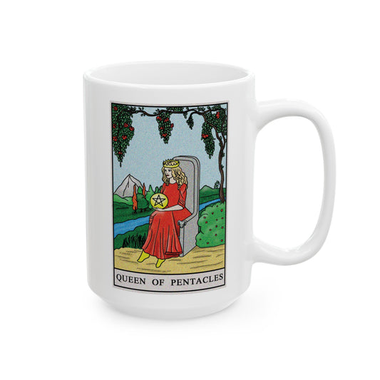 Queen of Pentacles Tarot Card Coffee Mug - Double Sided White Ceramic 15oz by TheGlassyLass.com