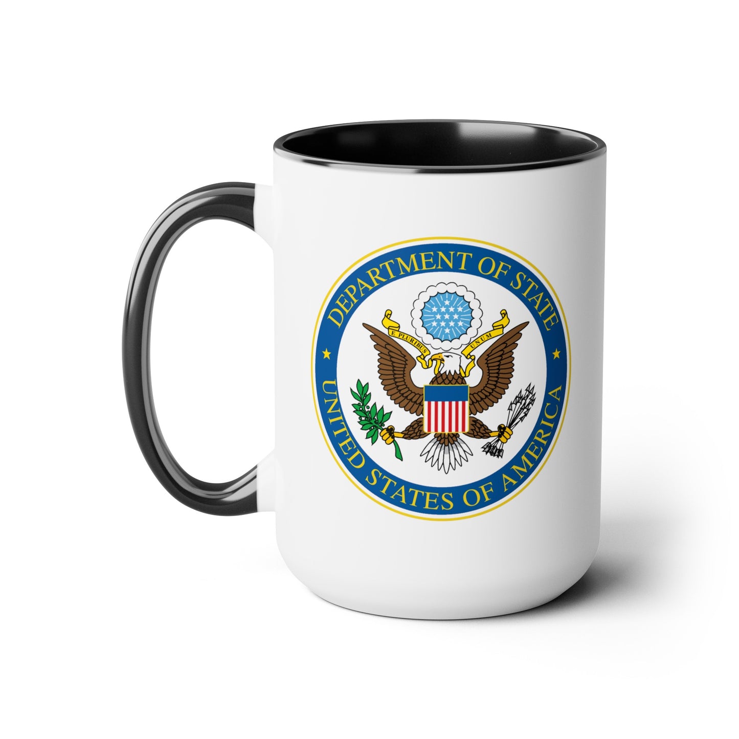 Department of State Coffee Mug - Double Sided Black Accent White Ceramic 15oz by TheGlassyLass.com