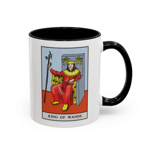 King of Wands Tarot Card Coffee Mug - Double Sided Print, Black Accent White Ceramic, 11oz by TheGlassyLass.com