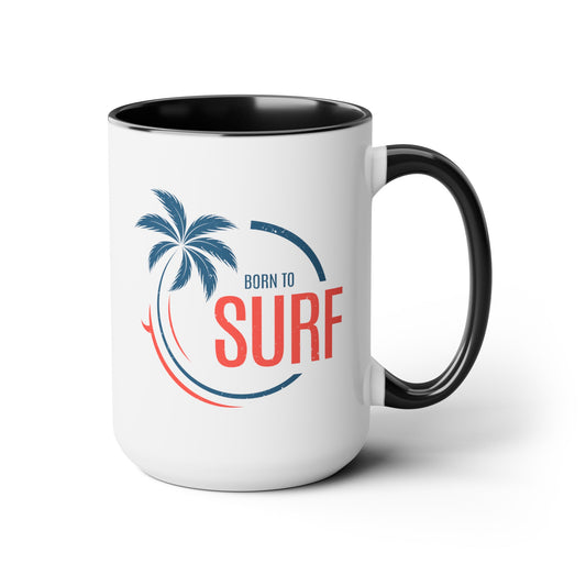 Born to Surf Coffee Mug - Double Sided Black Accent White Ceramic 15oz by TheGlassyLass.com