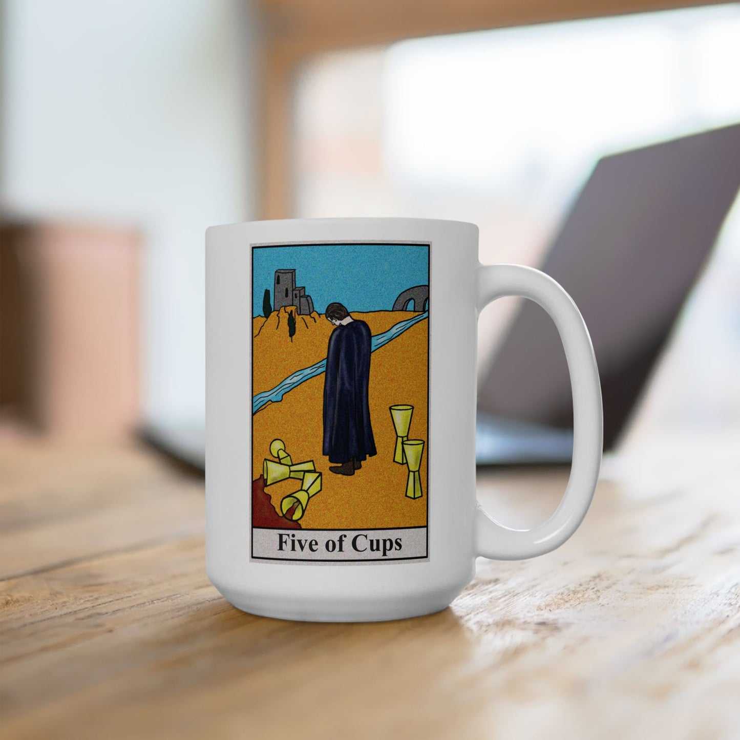 Five of Cups Tarot Card Coffee Mug - Double Sided White Ceramic 15oz by TheGlassyLass.com
