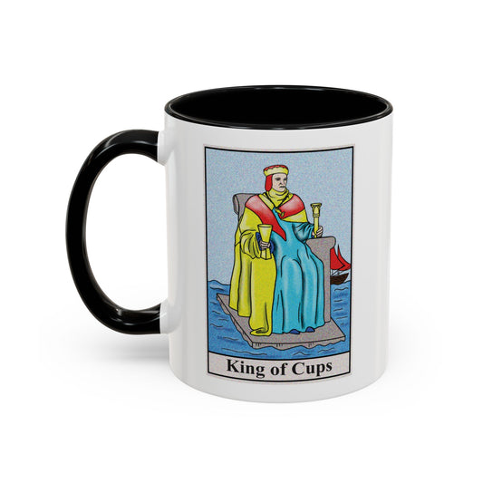 King of Cups Tarot Card Coffee Mug - Double Sided Print, Black Accent White Ceramic, 11oz by TheGlassyLass.com