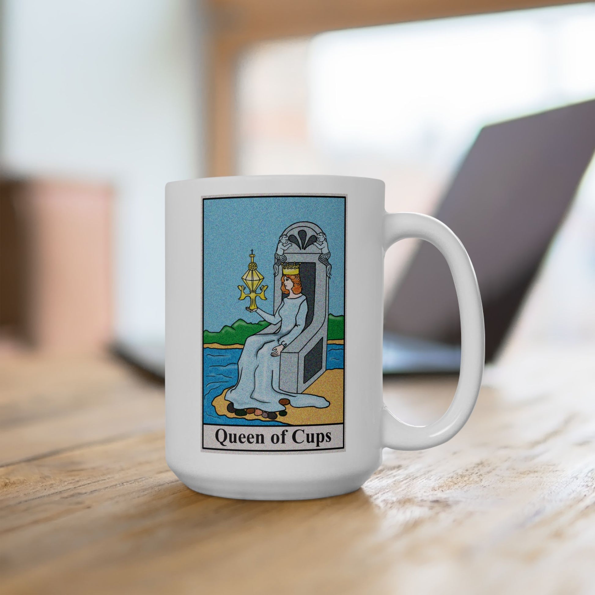 Queen of Cups Tarot Card Coffee Mug - Double Sided White Ceramic 15oz by TheGlassyLass.com