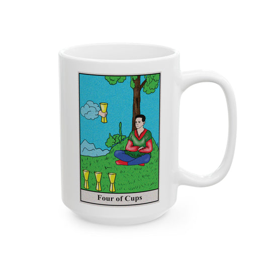 Four of Cups Tarot Card Coffee Mug - Double Sided White Ceramic 15oz by TheGlassyLass.com