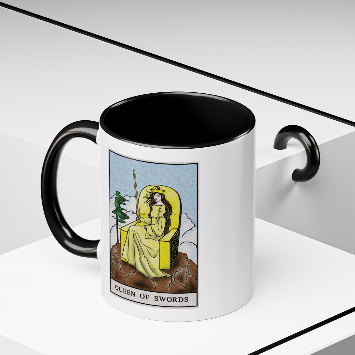 Queen of Swords Tarot Card Coffee Mug - Double Sided Print, Black Accent White Ceramic, 11oz by TheGlassyLass.com
