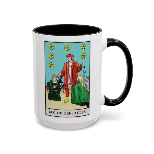 Six of Pentacles Tarot Card Coffee Mug - Double Sided Black Accent White Ceramic 15oz by TheGlassyLass.com