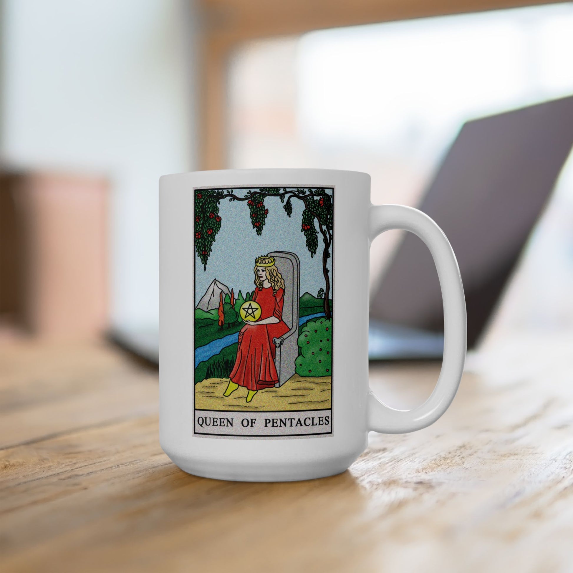Queen of Pentacles Tarot Card Coffee Mug - Double Sided White Ceramic 15oz by TheGlassyLass.com