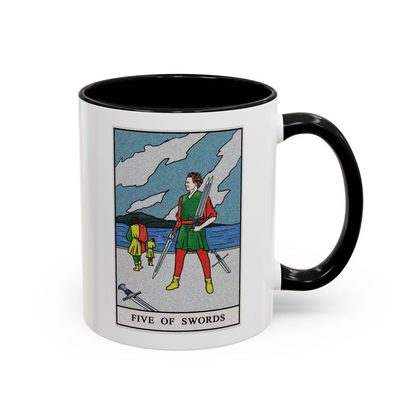 Five of Swords Tarot Card Coffee Mug - Double Sided Print, Black Accent White Ceramic, 11oz by TheGlassyLass.com