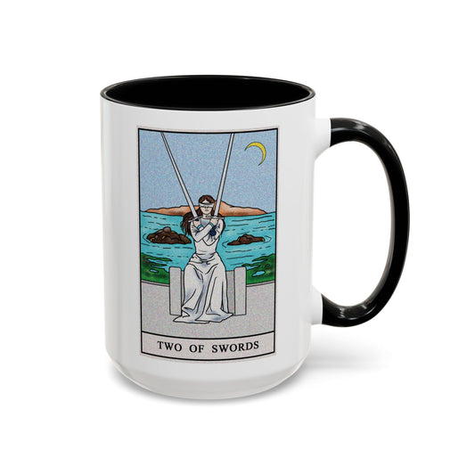 Two of Swords Tarot Card Coffee Mug - Double Sided Black Accent White Ceramic 15oz by TheGlassyLass.com