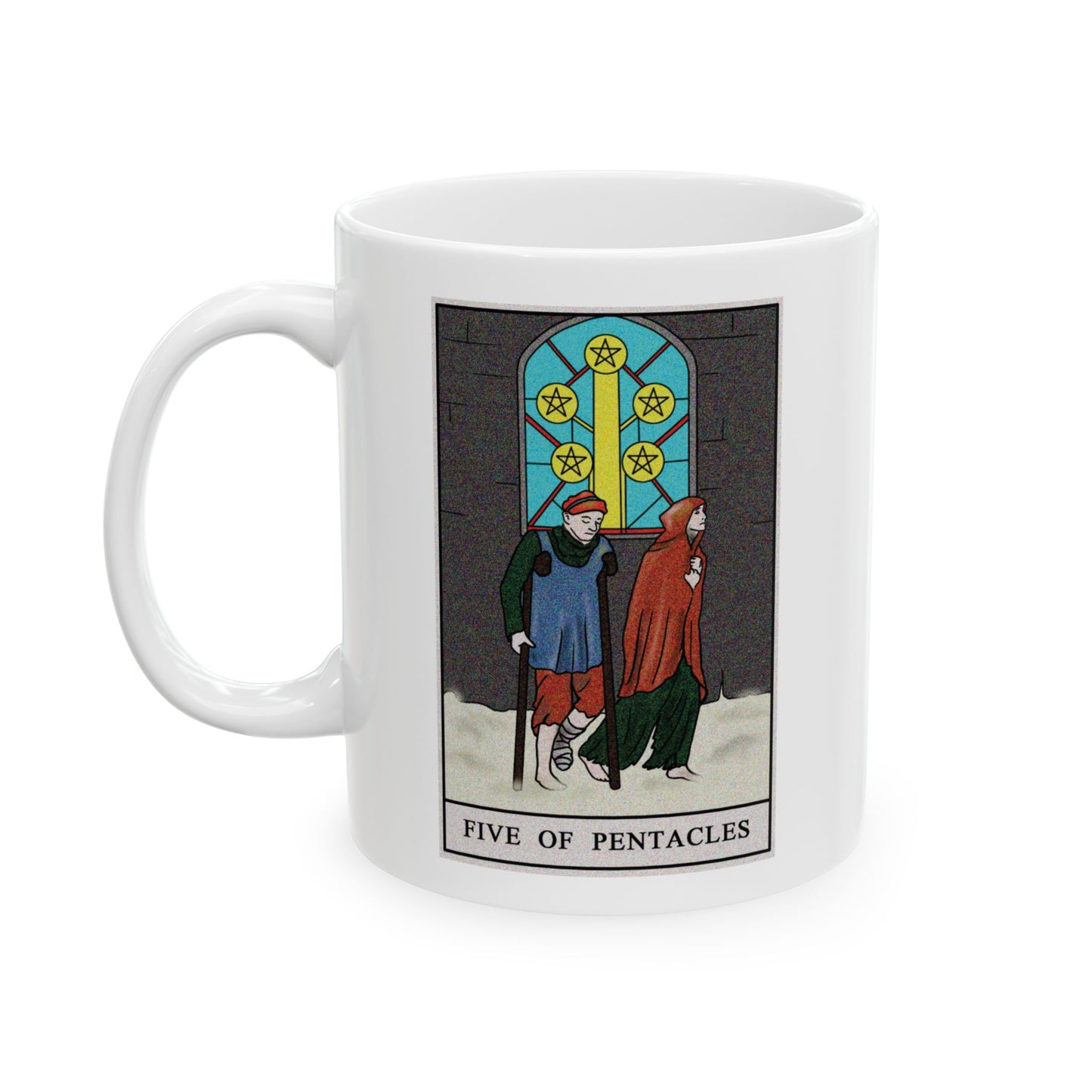 Five of Pentacles Tarot Card Coffee Mug - Double Sided Print, White Ceramic, 11oz by TheGlassyLass.com