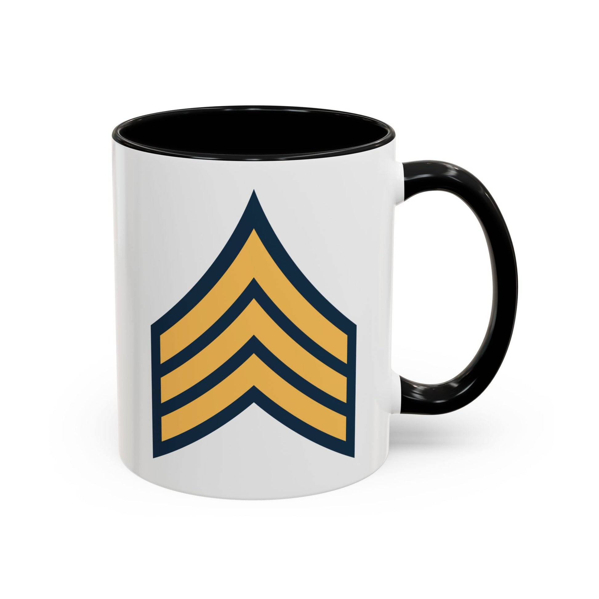 US Army Sergeant (E-5) Stripes Coffee Mug - Double Sided Print, Black Accent White Ceramic, 11oz by TheGlassyLass.com