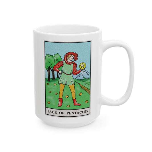 Page of Pentacles Tarot Card Coffee Mug - Double Sided White Ceramic 15oz by TheGlassyLass.com