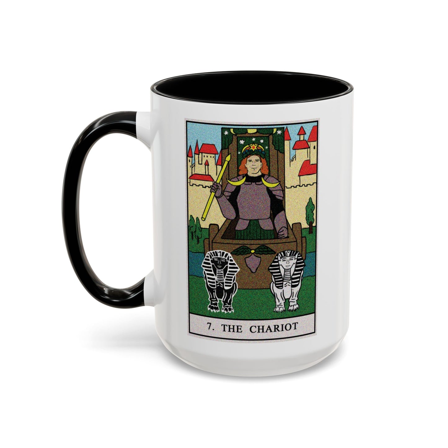 The Chariot Tarot Card Coffee Mug - Double Sided Black Accent White Ceramic 15oz by TheGlassyLass.com