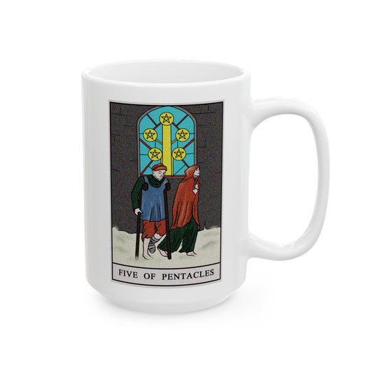Five of Pentacles Tarot Card Coffee Mug - Double Sided White Ceramic 15oz by TheGlassyLass.com