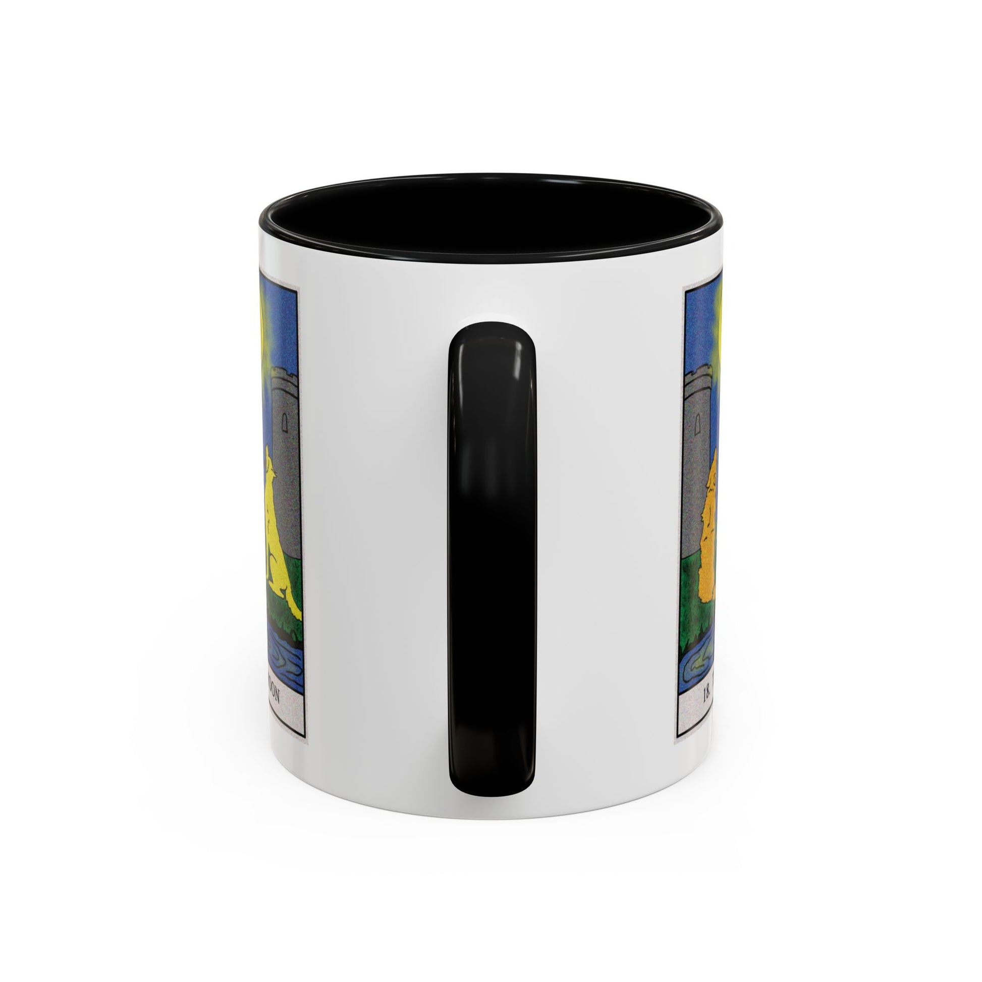 The Moon Tarot Card Coffee Mug - Double Sided Print, Black Accent White Ceramic, 11oz by TheGlassyLass.com