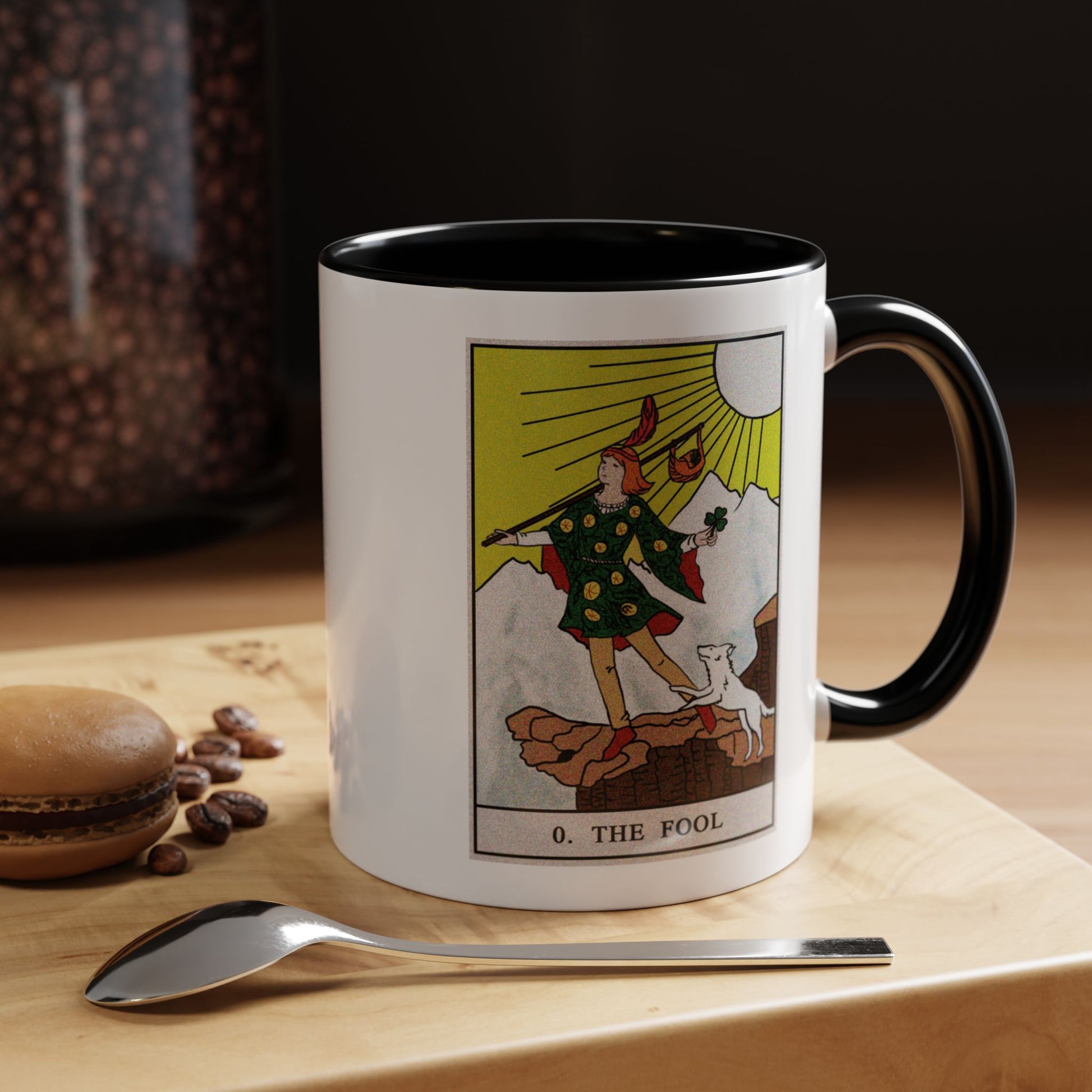 The Fool Tarot Card Coffee Mug - Double Sided Print, Black Accent White Ceramic, 11oz by TheGlassyLass.com