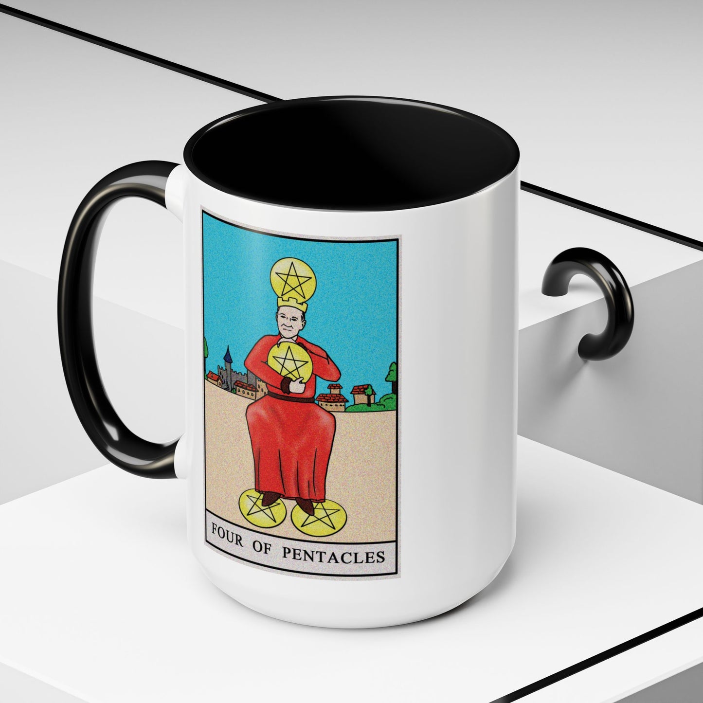 Four of Pentacles Tarot Card Coffee Mug - Double Sided Black Accent White Ceramic 15oz by TheGlassyLass.com