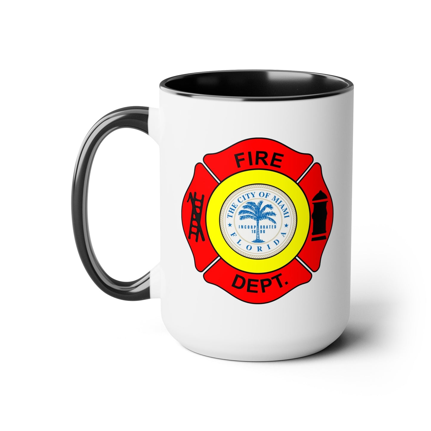 Miami Fire Department Coffee Mug - Double Sided Print Black Accent White Ceramic 15oz by TheGlassyLass.com