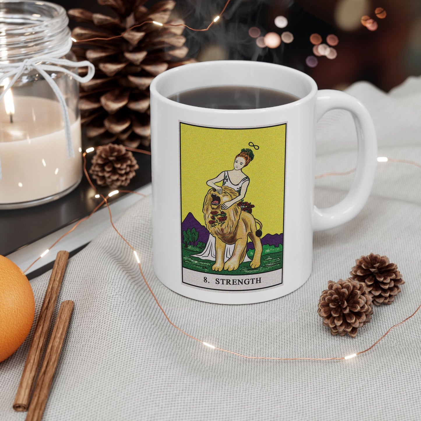 Strength Tarot Card Coffee Mug - Double Sided Print, White Ceramic, 11oz by TheGlassyLass.com