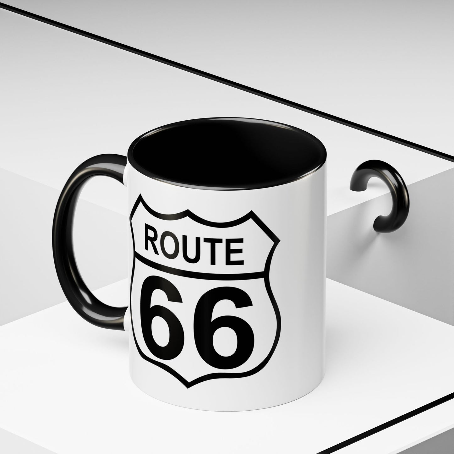 Route 66 Highway Sign Coffee Mug - Double Sided Print, Black Accent White Ceramic, 11oz by TheGlassyLass.com