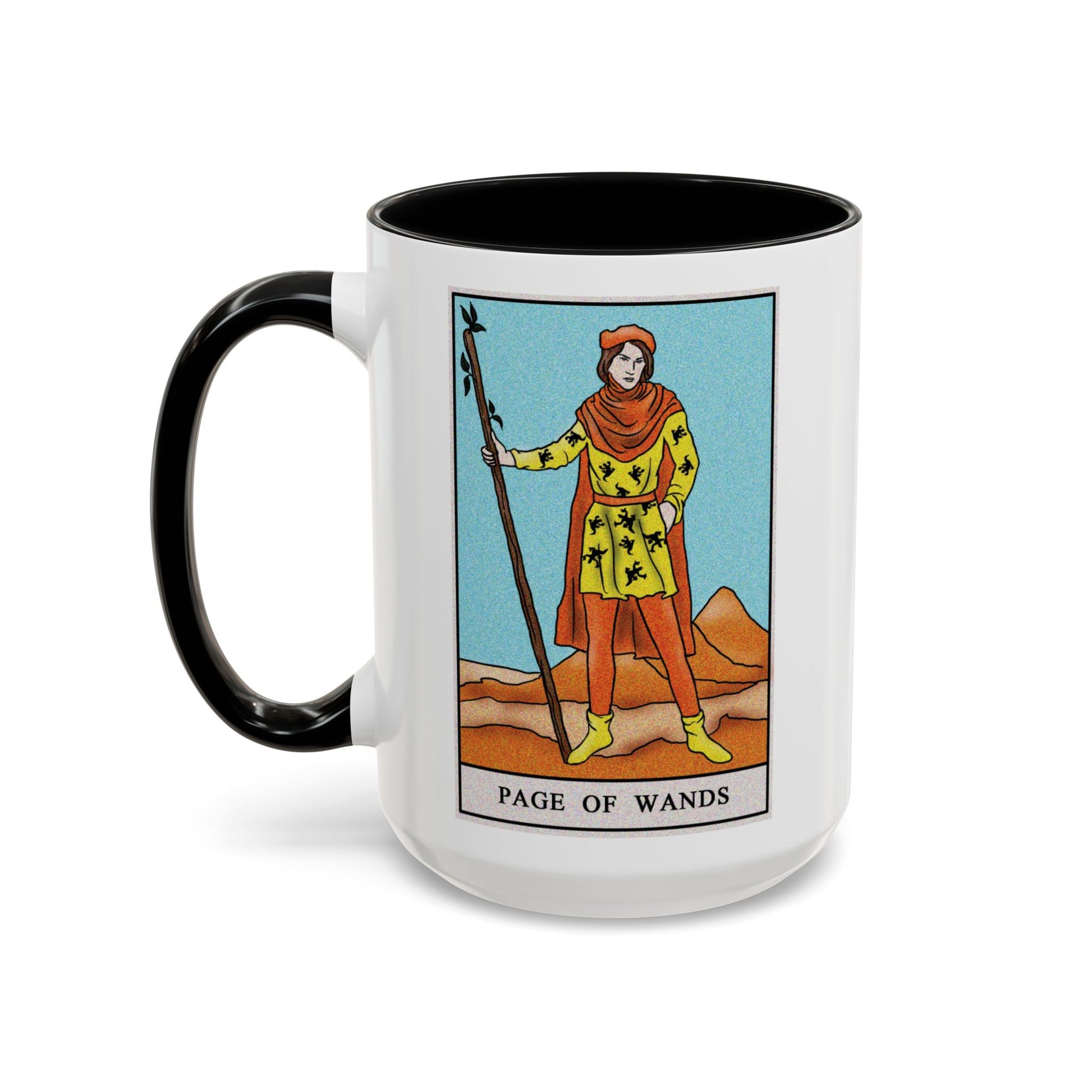 Page of Wands Tarot Card Coffee Mug - Double Sided Black Accent White Ceramic 15oz by TheGlassyLass.com