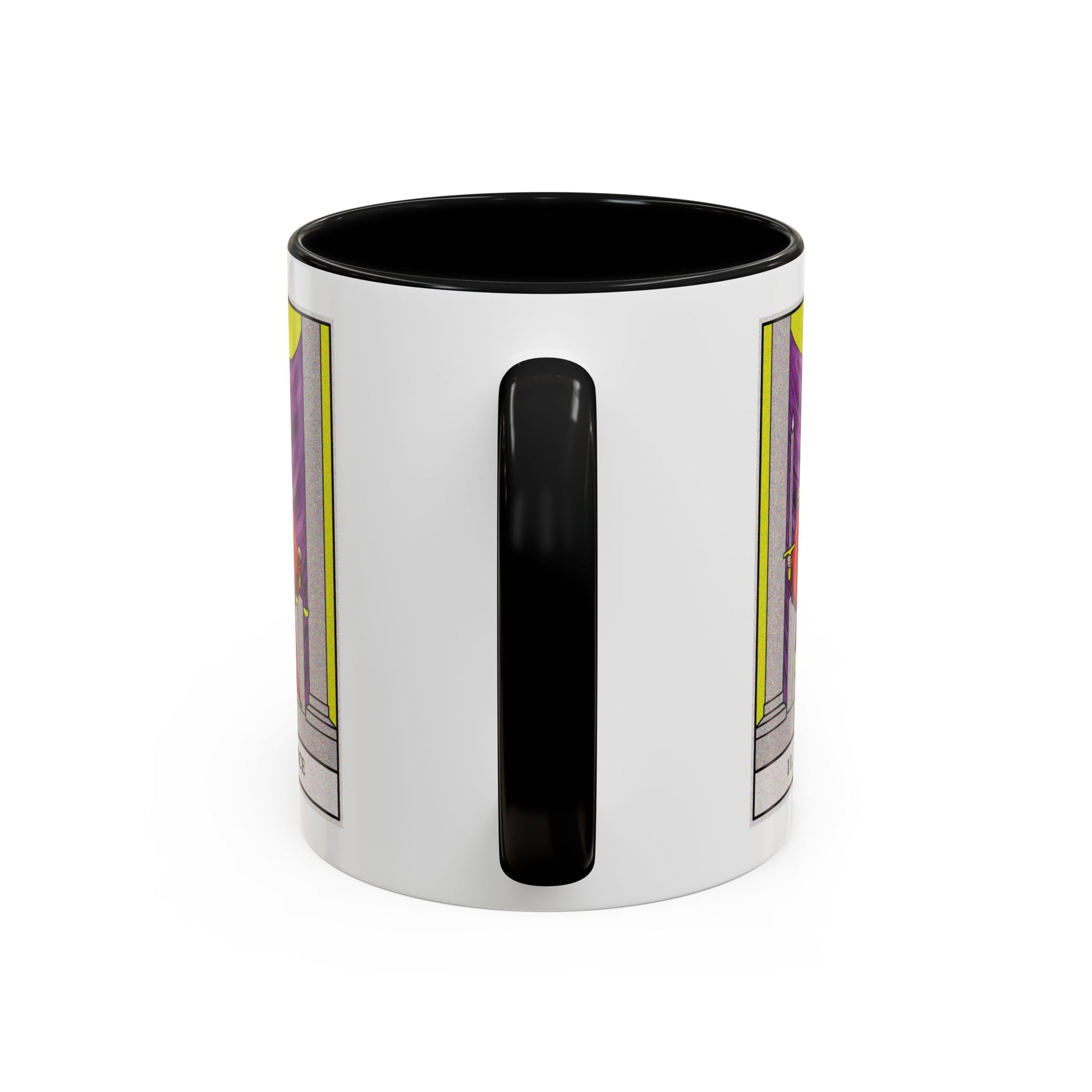 Justice Tarot Card Coffee Mug - Double Sided Print, Black Accent White Ceramic, 11oz by TheGlassyLass.com