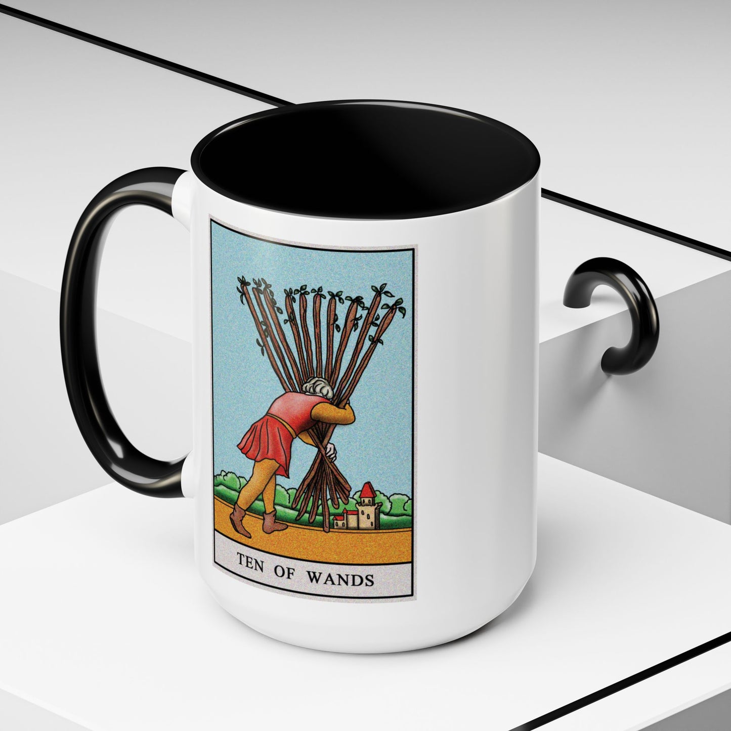 Ten of Wands Tarot Card Coffee Mug - Double Sided Black Accent White Ceramic 15oz by TheGlassyLass.com